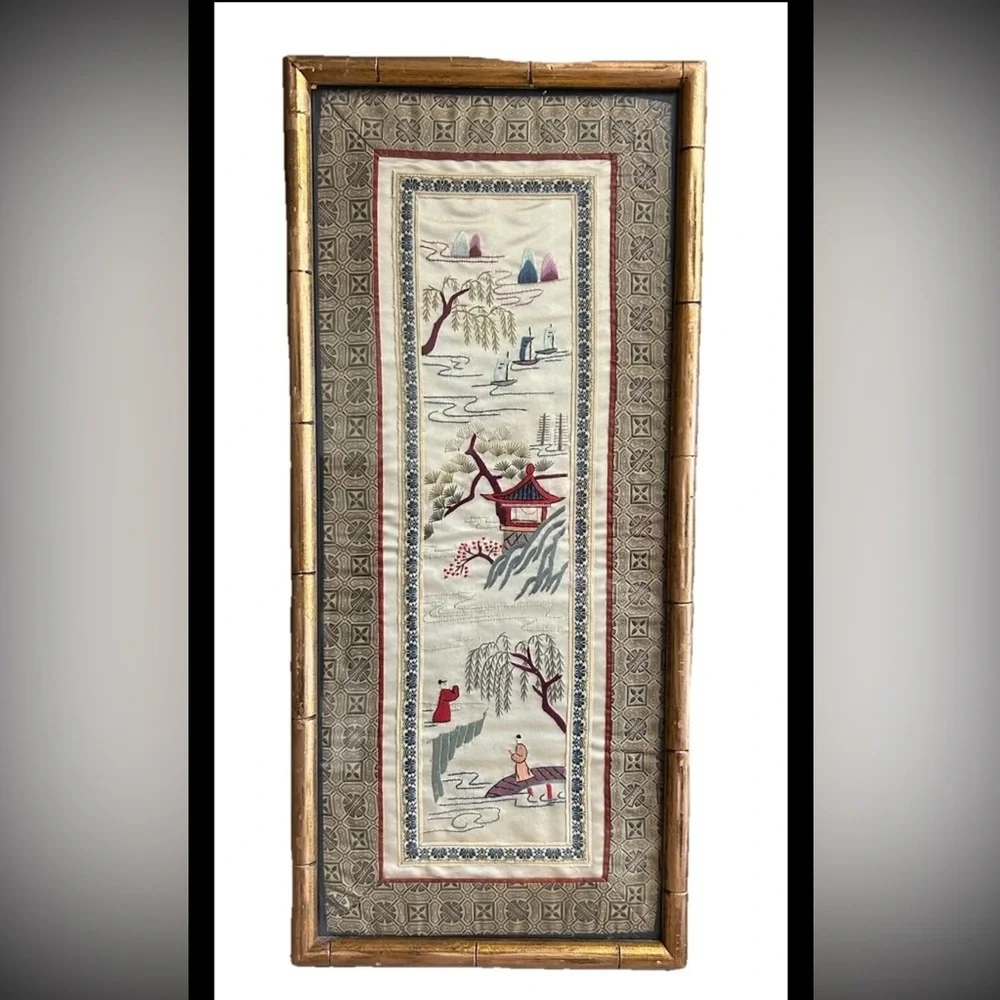 Vintage Chinese Handwoven Embroidery Framed Gold Bamboo Frame 12x24